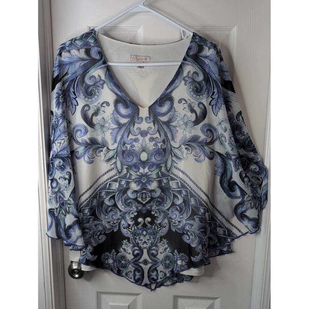 Dress Barn Blue and White V-Neck Scroll-Print Tunic Boho Feminine Fairycore 1X